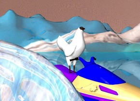 the ground is shiny [water]. the sky is [paint]. there is a boat -1.1 inches in the ground. there is a bird on the boat. there is a shiny [wet] wave to the left of the boat. 