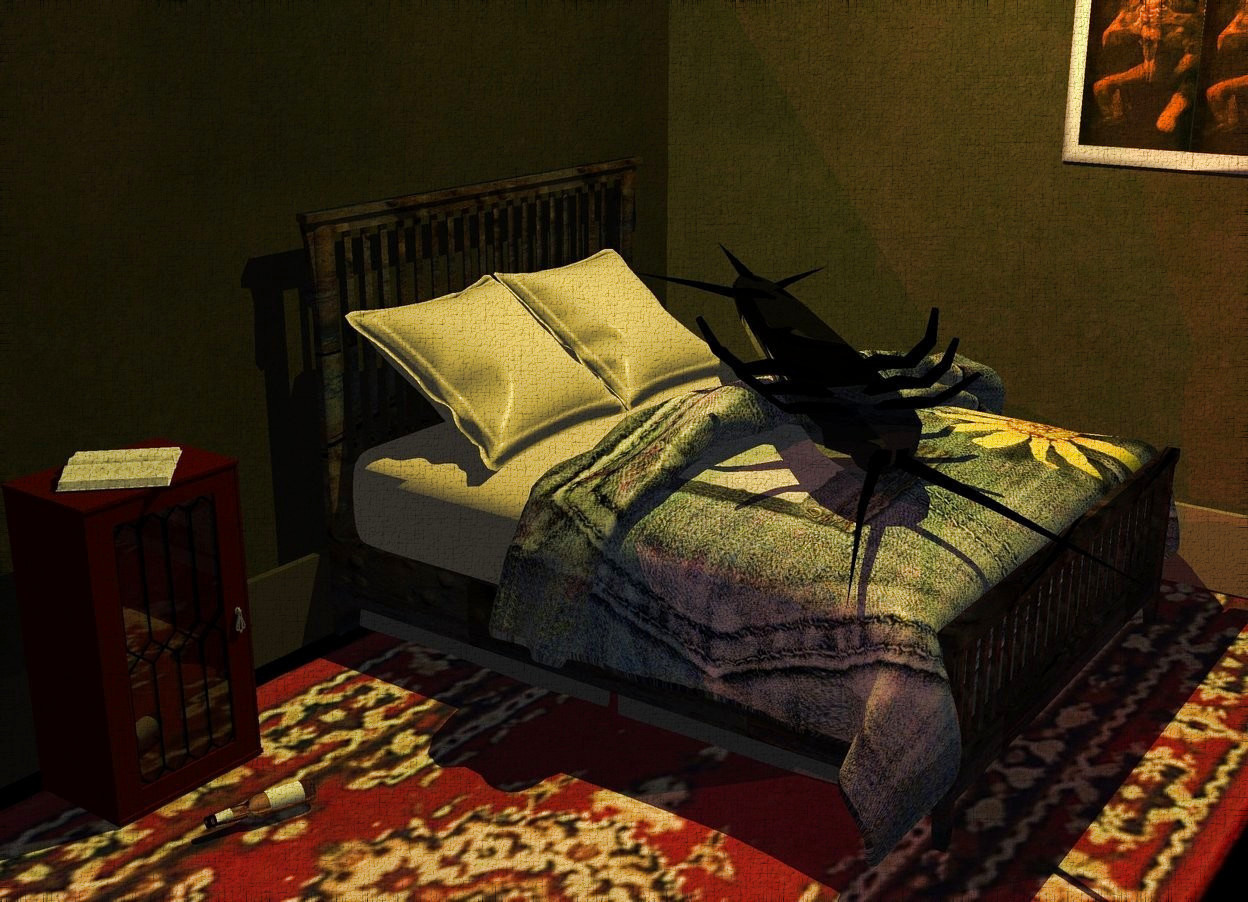 Input text: A humongous black shiny insect is on a 40% dark [metal] bed. It is upside down. It is facing southeast. It is leaning 5 degrees to the front. The blanket of the bed is [cotton]. The pillow of the bed is cream. The bed is on a huge [rug] rug. The rug is facing east. A 40% dark [dirt] wall is 6 inch behind the bed. A 20 feet long 50% dark cream plank is 2 inch in front of the wall. It is leaning 90 degrees to the back. A painting is in front of and -3 feet above and -8.5 feet right of the wall. A 20% dark [dirt] wall is 5 inch left of the bed. It is facing east. The ground is [floor]. The azimuth of the sun is 220 degrees. The sun is brown. A 20 feet long 20% dark cream plank is 4 inch right of the wall. It is leaning 90 degrees to the back. It is facing east. Camera light is black. A lemon light is 5 feet above the insect. A cabinet is 1.2 feet in front of and -1.5 feet left of the bed. It is facing east. A [paper] book is on the cabinet. It is facing southwest. It is leaning 90 degrees to the back. A dim red light is right of the bed. A bottle is 7 inches right of the cabinet. It is leaning 90 degrees to the back. It is facing the insect.