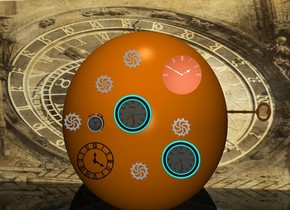 a humongous orange.a 1st clock is -0.2 inches in front of the orange.the clock is 3 feet above the ground.a wall is behind the orange.the wall is [time].the sun's altitude is 90 degrees.the wall is 2 inches in the ground.clear ground.a 2nd clock is 3 inches beneath the 1st clock.the 2nd clock is left of the 1st clock.a 3rd clock is 3 inches right of the 1st clock.the 3rd clock is above the 1st clock.a 1st gear is 5 inches right of the 2nd clock.a 2nd gear is 7 inches beneath the 3rd clock.a 3rd gear is 15 inches left of the 3rd clock.a 8 inch tall key is -0.7 feet right of the orange.the key is facing north.the key is 3 feet above the ground.a 4th clock is 14 inches beneath the 3rd clock.a 4th gear is 8 inches above the 1st clock.a 5th clock is 3 inches left of the 1st clock.a 5th gear is 2 inches left of the 5th clock.