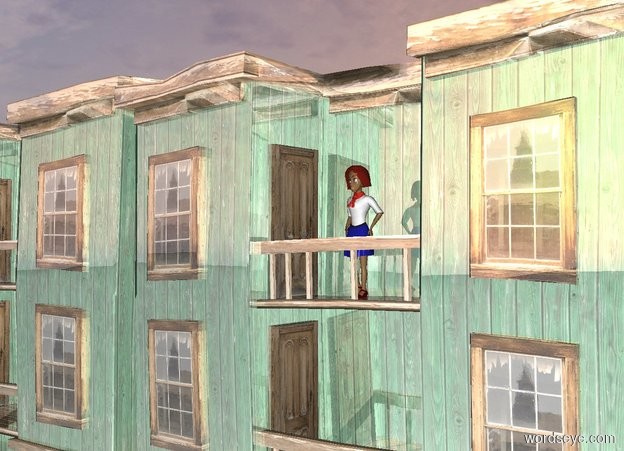 Input text: a 1st shiny building.a 4 feet tall woman is -4 feet in front of the building.the woman is 16.7 feet above the ground.a 2nd shiny building is left of the 1st building.