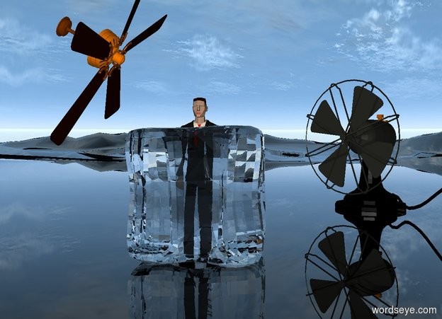 Input text: a 5 foot tall ice cube. the ground is clear. a 6 foot tall man is -5 feet above the ice cube. a 1st huge fan is -2 feet above and to the left of the man. the fan faces the man. the fan leans 60 degrees to the back. a 2nd enormous fan is 1 foot to the right of and 5 foot behind the ice cube. it faces southwest.