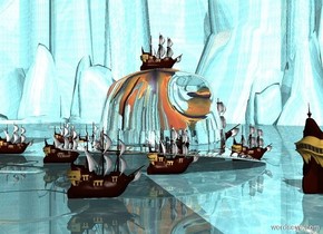 a silver humongous hat. the water ground is 800 feet tall. the sky is [old]. 

The extremely tiny ship is on the hat. A second extremely tiny ship is -2 feet to the left of the hat. A third extremely tiny ship is -3 feet in front of the hat. A fourth extremely tiny ship is -3 feet behind the hat. A fifth extremely tiny ship is to the right of the hat. It is -2 feet in front of the fourth ship. A sixth extremely small ship is to the right of the hat. It is -4.5 feet behind the third ship. The seventh extremely small ship is 5 feet to the left and 4 feet in front of the second ship. A 8th extremely tiny ship is 4 feet behind and to the right of the hat. A 9th extremely tiny ship is 12 feet to the right and in front of the 8th ship. The tenth extremely tiny ship is 14 feet to the left and in front of the fourth ship.