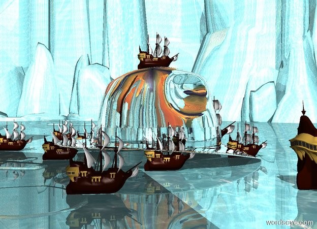 Input text: a silver humongous hat. the water ground is 800 feet tall. the sky is [old]. 

The extremely tiny ship is on the hat. A second extremely tiny ship is -2 feet to the left of the hat. A third extremely tiny ship is -3 feet in front of the hat. A fourth extremely tiny ship is -3 feet behind the hat. A fifth extremely tiny ship is to the right of the hat. It is -2 feet in front of the fourth ship. A sixth extremely small ship is to the right of the hat. It is -4.5 feet behind the third ship. The seventh extremely small ship is 5 feet to the left and 4 feet in front of the second ship. A 8th extremely tiny ship is 4 feet behind and to the right of the hat. A 9th extremely tiny ship is 12 feet to the right and in front of the 8th ship. The tenth extremely tiny ship is 14 feet to the left and in front of the fourth ship.