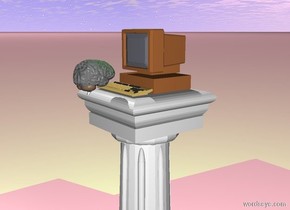 The Computer is on top of the pedestal.The ground is pink. There is a green light above the computer. The brain is in front of the computer. The brain is facing the computer.