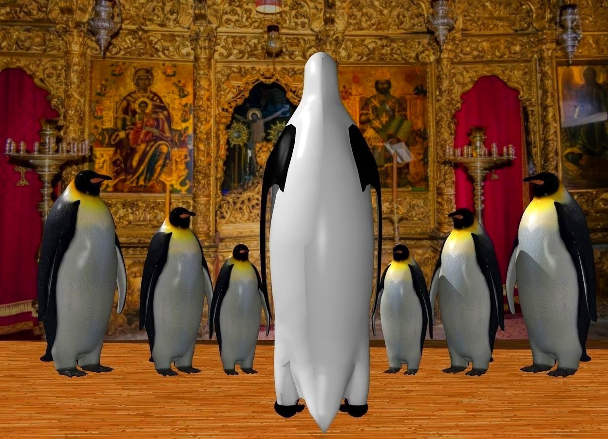 Input text: a 930 inch wide and 600 inch tall [church] wall.a 150 inch tall 1st penguin is 750 inch in front of the wall.the penguin is facing the wall.the penguin is 70 inch above the ground.ground is wood.a 2nd 110 inch tall penguin is 30 inch behind  the 1st penguin.the 2nd penguin is -200 inch left of the 1st penguin.the 2nd penguin is facing the 1st penguin.a 3rd 90 inch tall penguin is -25 inch left of the 2nd penguin.the 3rd penguin is facing the 1st penguin.a 70 inch tall 4th penguin is -20 inch left of the 3rd penguin. the 4th penguin is facing the 1st penguin.a 70 inch tall 5th penguin is 45 inch left of the 4th penguin. the 5th penguin is facing the 1st penguin.a 6th 90 inch tall penguin is -20 inch left of the 5th penguin.the 6th penguin is facing the 1st penguin.a 7th 110 inch tall penguin is -20 inch left of the 6th penguin. the 7th penguin is facing the 1st penguin.camera light is  gray.