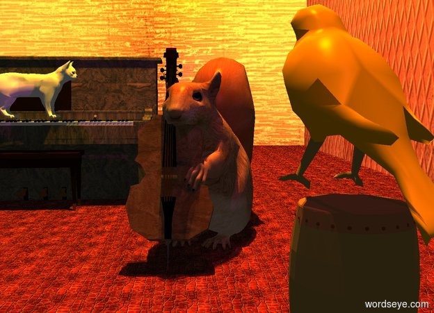 Input text:  a invisible polar bear is on a large tile floor. a  8 foot tall [wood] double bass is in front of and to the right of the polar bear. it faces the guitar. it leans back. a 8 foot tall squirrel is -3 feet to the right of and -5 feet behind the double bass. the squirrel faces the double bass. a huge drum is 4 foot in front of and -2 foot to the left of the polar bear. a 4 foot tall bird is over the drum. the bird faces the squirrel. a large [wood] piano is behind and to the right of the squirrel. it faces left. a 1st huge silver wall is to the right of the floor. it faces right.  a 2nd huge [wall] wall is -3 feet to the left of the floor. it faces left. it is noon. the sun is brown.  a 3rd huge [wall] wall is in front of the floor.  the camera light is black. 2 tangerine lights are 20 feet above the squirrel. a purple light is -1 feet  above and to the left of and -2 feet in front of the squirrel.a 3 foot tall white cat is -3.5 feet above and -1 foot to the left of the piano . 