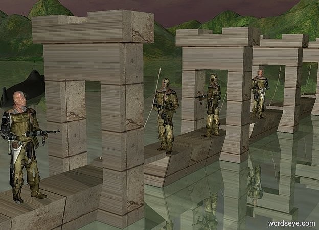 Input text: a 1st bridge.a 2nd bridge is behind the 1st bridge.a 3rd bridge is behind the 2nd bridge.a 4th bridge is behind the 3rd bridge.a 1st 3.5 feet tall soldier is -30 inches right of the 2nd bridge.the 1st soldier is 1.5 feet above the ground.the 1st bridge is rock.the 2nd bridge is rock.the 3rd bridge is rock.the 4th bridge is rock.the ground is shiny.a 2nd 3.5 feet tall soldier is 3 feet in front of the 1st soldier.the 2nd soldier is facing left.a 3rd 3.5 feet tall soldier is 6 feet in front of the 2nd soldier.the 1st soldier is facing north.a 4th 3.5 feet tall soldier is 6 feet behind the 1st soldier.the 4th soldier is facing right.a submarine is 25 feet left of the 4th bridge.the submarine is 2 feet in the ground.the submarine is facing northwest.it is dusk.