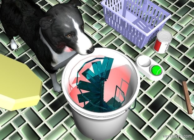 Input text: a bucket.a red light is -2 feet above the bucket.a 2 feet tall clear cyan stair is -2 feet above the bucket.the stair is -18 inches right of the bucket.a dog is -8 inches right of the bucket.the dog is facing the bucket.a dish is 1 feet in front of the bucket.a ball is in the dish.a basket is right of the dish.the basket is in front of the dish.the basket is 30% blue.the ground is tile.a pillow is behind the dog.the pillow is 45% yellow.a stick is 6 inches left of the dish.the stick is 1 feet long.the stick is facing southwest.the stick is wood.a can left of the basket.