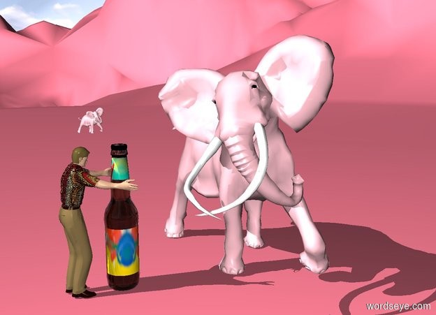 Input text: a pink elephant.a 6 feet tall bottle is left of the elephant.the bottle's label is [paint].a man is -12 inches left of the bottle.the man is facing the bottle.the man's shirt is textile.a 1 feet tall pink elephant is 6 inches above the man.the 1 feet tall elephant is facing southeast.the ground is 135 feet tall.the ground is 50% pink.