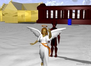 Devil is 4 feet behind the angel. Ground is snow. Small Dark Red Temple is 60 feet behind the devil. Small golden Church to the left of the temple. The Blue Barrel is 5 feet in front of temple.