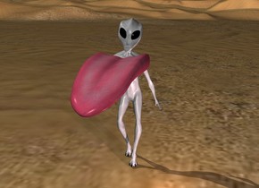 there is a 5 feet tall space alien in the desert. there is a tongue 2 feet ahead of alien. the tongue is 3 feet in the air. the tongue is 1 feet tall. there is a pink light 


