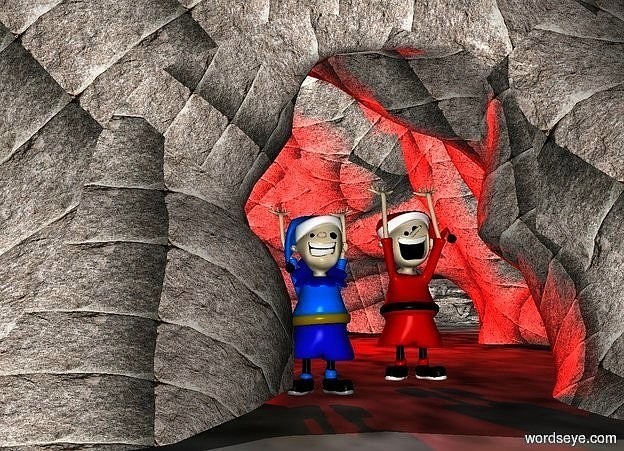 Input text: a 1000 inch tall cave.the cave is 200 inch wide [rock].ground is 50 feet tall. ground is 20000 inch wide [rock].two red lights are -700 inch above the cave.sky is black.a 1st 250 inch tall elf is -990 inch above the cave.the 1st elf is -490 inch in front of the cave.a 2nd 300 inch tall elf is 40 inch right of the 1st elf.the 2nd elf is 50 inch behind the 1st elf.