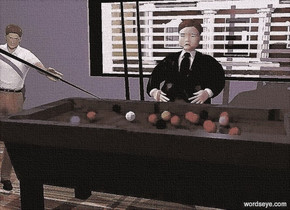 a 1st dark gray pool table. the pool table's felt is dark forest green. the ground is wood. a 1st 6.5 foot tall man is behind the pool table. his suit is black. his necktie is black. his hair is black. a 2nd man is -1 foot to the left of the pool table. a marble is in front of and -1 inch to the left of the pool table. the man faces the marble. his shirt is white. he leans 10 degrees to the left. a 8 foot tall and 2.5 inch wide black cone is  -3 foot above and -5.8 foot to the right of the 2nd man. it leans 112 degrees to the left. a 1st 3 foot tall and 50 foot wide gray wall is 10 feet behind the 1st man. a 20 foot tall and 6 foot wide window is -1 inch above the wall. the window leans 90 degrees to the left. a 2nd gray wall is -1 inch to the left of the window. a bank is 10 feet behind the window. a condominium is to the left of the bank. a huge 80% dim ghost white light is above and behind the window. a large purple light is 10 feet above the pool table. a oyster gray light is above and south of and east of the 2nd man. the ambient light is gray. the camera light is black currant.