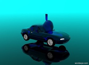 the ground is clear.
the sky is light aqua.
there is a very large clear blue stomach.
a small clear blue car is 3 feet in the stomach.
a marble is to the right of the stomach.
the car faces the marble.
a 

the car is .00001 inch to the left of the stomach.