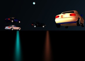a car.
1st car is -9 feet above the car.
2 cobalt blue lights are -2.9 feet above the car.
car is [wood].
car is [metal].
the ground is shiny black.
2 cyan lights are -1 feet above and -2 feet to the front of the car.
2nd silver car is 6 feet in front of and -1.5 feet above and -.3 feet left of the car.
car faces southwest.
car leans 22 degrees to the right.
car is silver.
car is shiny silver.
car is shiny metal.
the sky is shiny black.
a copper light is -1 feet above and 1 feet left of the car.
huge coral car is -1 feet in front of and 1 feet left of the car.
car leans 4 degrees to the left.
the sun ' s azimuth is 40 degrees.
the sun ' s altitude is 14 degrees.
the sun is pond blue.
a 2 feet tall moon is 1 feet behind and 13 feet right of and 3.9 feet above the car.