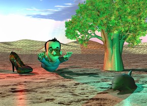 the large man.

the 12 foot tall tree is right of the man. the huge matisse shoe is next to the man. it is facing southeast. the ground is sand.
the gray dolphin is two feet in front of the man. it is in the ground. it is facing southwest. it is right of the man.

the cyan light is above the dolphin. a red light is above the shoe.

the camera light is green.




