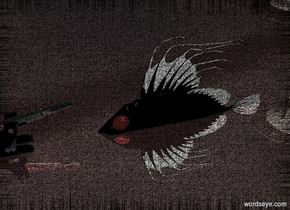 the ground is reflective. a giant fish is in the ground. cannon. the cannon is 1 inch in front of the fish. the cannon is above the ground. the cannon is small.the cannon's barrel is silver.  the cannon is facing the fish.the sun is black. the ground is red.