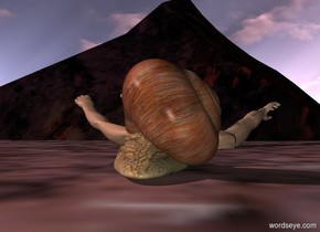 a giant snail. a swimmer is -20 inches in front of the snail. the swimmer is 25 inches in the ground. the sun is pink. it is morning. a rock is in front of the swimmer. the rock is huge. the sun is grey.