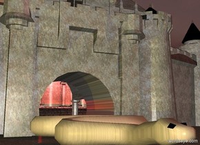 A castle. The castle is stone. In front of the castle is a purple light. Under the castle is a humongous snake. 
It is morning. The sun is dark brown. Behind the castle is a large red light. 
In front of the snake is a dark yellow light. To the right of the castle is a dark purple light. To the left of the castle is a dark yellow light. The snake is stone. 

