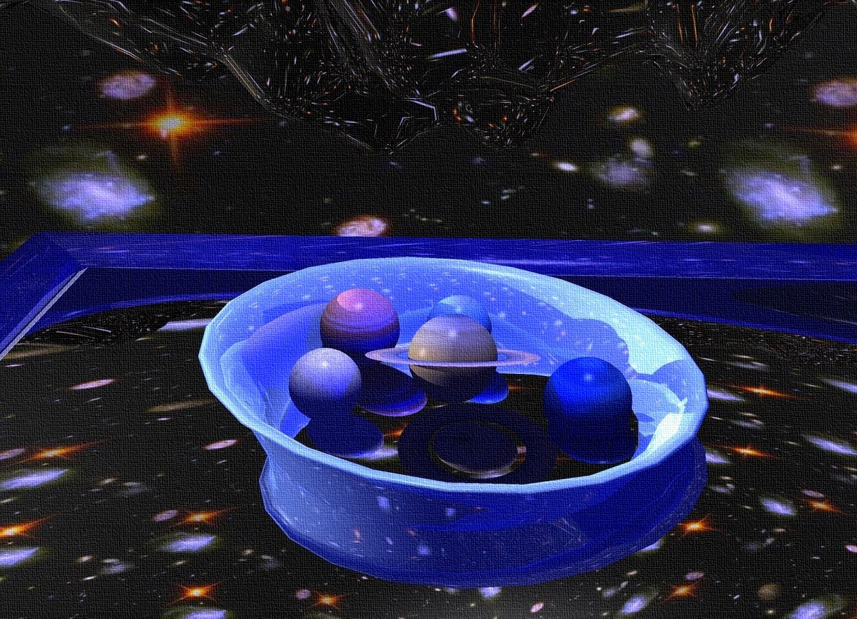 Input text: a large shiny blue dresser faces left. it leans 90 degrees to the front.  a large  shiny forget me not blue bowl is -1.9 foot above and -3.5 foot in front of and 5.5 foot  to the right of the dresser. it leans 5 degrees to the right. a 1st 3 inch tall planet is -.3 foot above the bowl. it leans to the front. a 2nd 3  inch tall planet is -1 inch to the right of and -1 inch in front of the 1st planet. a 3rd 2.5 inch tall planet is in front of the 1st planet. the sky is 1400 foot tall [sky]. the camera light is black. a tiny blue light is 1 inch above the 1st planet. a 2.5 inch tall white moon is to the right of the 1st planet. a extremely tiny ghost white light is 25 foot above the 2nd planet. the ground is silver. a 4th 3 inch tall planet is to the left of and -5.5 inch above the 1st planet. the sun's altitude is 10 degrees. the sun's azimuth is 90 degrees. ambient light is midnight blue.