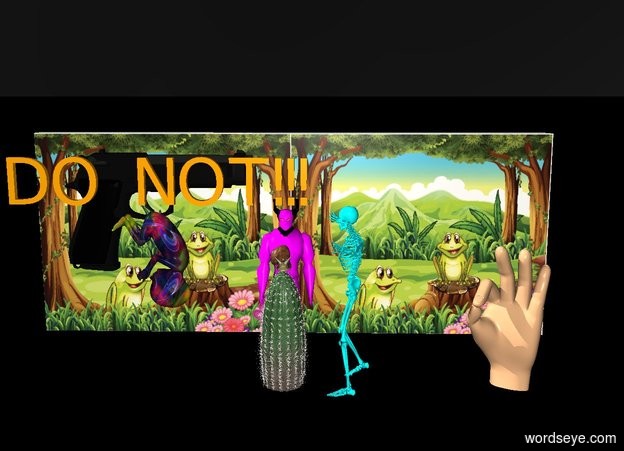 Input text: The ground is black.

There is an extremely large bug above a large cactus.

There is a magenta HELL six inches behind the cactus. 

There is an extremely large beretta facing right. 

The beretta is six inches to the left of the bug. 

There is a aqua skeleton facing left. 

The skeleton is six inches to the right of the cactus. 

The sky is black. 

There is a orange "DO NOT!!!" one inch above the skeleton.

The "DO NOT!!!" is in front of the beretta.

There is a [frog] wall three feet behind HELL. 

There is an extremely large upside down [space] fetus three feet above the ground.

The fetus is two inches in front of the beretta. 

The fetus is facing left. 

There is an extremely large hand three feet to the right of the skeleton.
