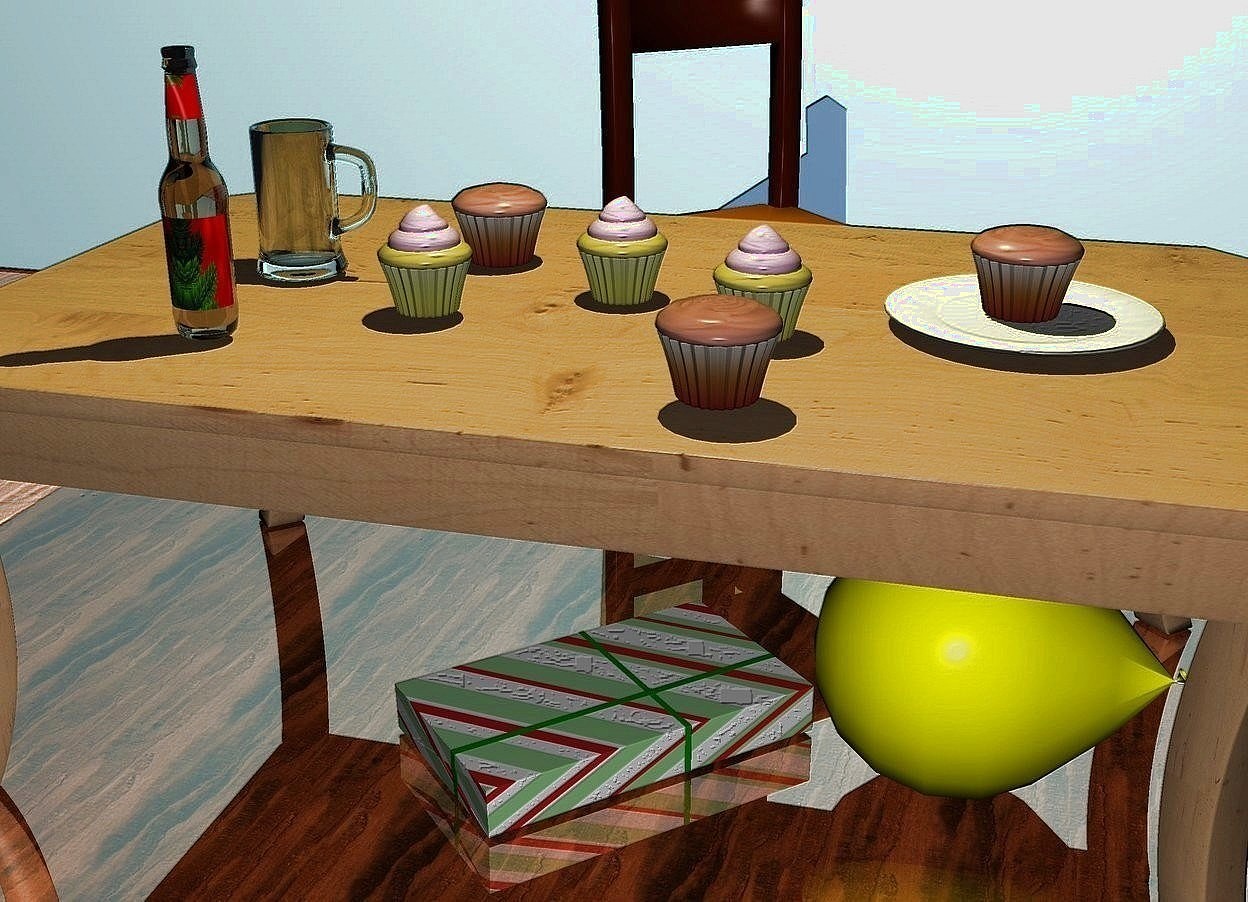 Input text: a table.a 1st cupcake is on the table.a plate is 10 inches right of the 1st cupcake.a 2nd cupcake is on the plate.a beer mug is 10 inches left of the 1st cupcake.a bottle is 7 inches in front of the beer mug.the bottle's label is picture.a 3rd cupcake is 3 inches left of the 1st cupcake.the 3rd cupcake is behind the 1st cupcake.a 4th cupcake is 3 inches right of the 1st cupcake.the 4th cupcake is in front of the 1st cupcake.a box is -25 inches in front of the table.the box is facing southwest.a 5th cupcake is 4 inches in front of the 4th cupcake.a 6th cupcake is 5 inches in front of the 3rd cupcake.a flat wall is 4 feet behind the table.the wall is sea spray blue.it is night.a 45% yellow light is 3 feet above the table.the ground is wood.the ground is shiny.a chair is behind the table.the chair is facing southeast.a yellow balloon is right of the box.the balloon is leaning 90 degrees to the east.