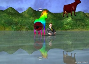 A hat is 6 inches above a rainbow horse. A man is one foot in front of the horse. A cow is 4 feet to the right from the man. The cow is 5 feet above the ground. A very large red ball is 6 feet in front of the man. The ball is 2 feet to the left from the man. The ball is a foot above the ground. The man is 3 feet in the ground.