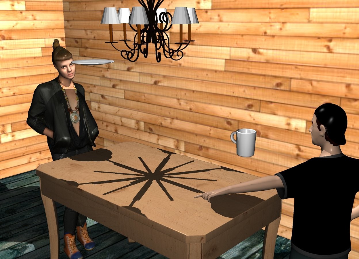 Input text: A 3 feet high Table is 3 feet in front of a first wall.  The first wall is [texture]. On the left of the first wall is a second wall. The second wall faces right.  The second wall is [texture]. On the right of the first wall is a third wall facing right.  On the right of the table is a boy. On the left side of the table is a woman. The woman faces the boy.  The ground is wood.
on the right of the woman is a plate. The plate is 5.3 feet above the ground.
On the left of the boy is a cup. The cup faces right. The cup is 4 feet above the ground. The boy faces the cup. 
2.5 feet above the table is a chandelier. 0 feet above the chandelier is a  light. It is night.