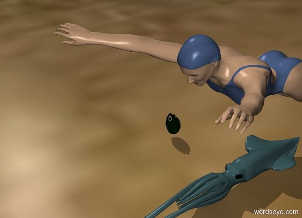 Input text: Desert. Squid. Squid. Tiny swimmer on squid. Tiny grenade sits far from squid.