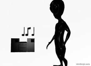 tall black human facing west.
.
ground is invisible.
sky is white.

black stereo is 1.5 feet left of tall black human.
black stereo is 2 feet above ground.
 1 foot tall black music note 3 inches above black stereo.
1 foot tall black music note 1 inch right of black music note.
1 foot tall black music note 1 inch right of black music note.

giant green light 1 foot in front of stereo.
