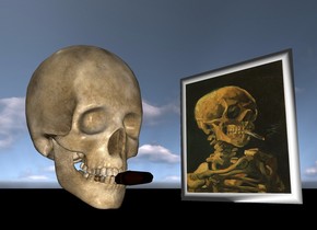 The van Gogh picture is on the black marble ground.

The big skull is two feet in front of the picture. It is facing right.

A  cigar is -3 inches to the right of the skull. It  is facing right. It is 2.5 inches above the ground.