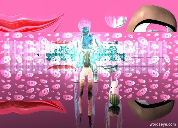 Input text: the ground is clear. the sky is hot pink. A flat silver woman. A giant reflective pineapple is 10 feet in front of the woman. A 1st flat silver sphere is to the right of the woman. The 1st sphere is 5 feet above the ground. A large clear cyan skull is above the pineapple. A 2nd large silver flat sphere is 2 feet below the 1st sphere. A flat silver dog is to the right of the woman. A reflective watermelon is 5 feet in front of the dog. The watermelon is .7 foot to the right of the pineapple. A very long hot pink reflective [image-11273] wall is 40 feet behind the woman. A 11 foot tall reflective mouth is 45 feet behind and 5 feet to the left of the woman. The mouth is 4 feet above the ground. A 12 foot tall silver eye is 17 feet to the right of the mouth. A very long cyan reflective  [watermelon] wall is 5 feet in front of the pineapple.