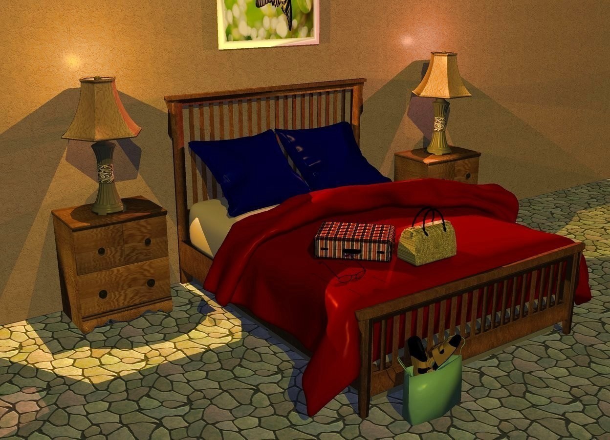 Input text: a bed. a 40 feet long  and 12 feet tall salmon stucco wall is behind the bed. the pillow of the bed is  navy. the blanket of the bed is maroon. a small suitcase is 2 inch tall plaid. it is  -2.5 feet above and -3.2 feet left of and -3 feet in front of the bed. the handle of the suitcase is black. the lock of the suitcase is black. it faces northeast. it leans 90 degrees to the back. a 1 feet tall  canvas duffel bag is -.5 feet right of and -.3 feet in front of the suitcase. the handle of the duffel bag is black. the ground is tile.  a 1.3 feet tall celadon green shopping bag is in front of and -3 feet left of the bed. 1st sandal is -.8 feet above and -.89 feet left of and -.7 feet in front of the shopping bag. it leans 58 degrees to the front. 2nd sandal is -.3 feet right of and -.9 feet above the 1st sandal. it faces southeast. it leans 56 degrees to the back. 1st table is -3 inches left of the bed and in front of the wall. 1st lamp is on the table. a orange light is -4 inches above the lamp. a .18 feet tall optical device is -4 inches left of and -5.5 inches in front of the suitcase.  the frame of the  optical device is purple. it leans to the front. the lens of the optical device is clear sea blue. a [love] painting is 1 feet above the bed and in front of the wall. 2nd table is .3 feet right of the bed and in front of the wall. 2nd lamp is on the 2nd table. a copper light is -4 inches above the 2nd lamp. the sun's azimuth is 200 degrees. the sun is antique gold. the camera light is dim.