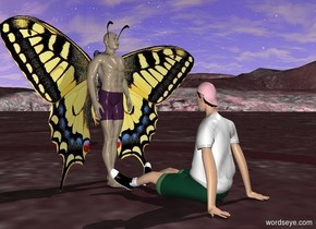 The teenager. The hat of the teenager is pink. The man is in front of the teenager.the man is facing the teenager.
The gigantic butterfly is -1.2 foot in front of the man. The gigantic butterfly is facing up.
The ground is pink.
