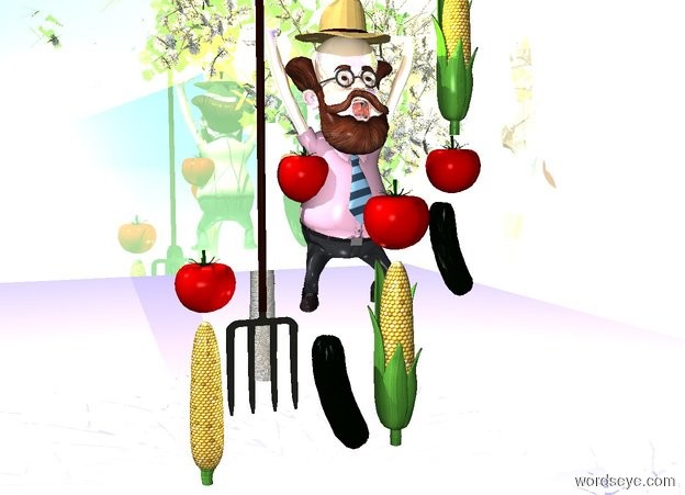 Input text: a man is 10 feet above the ground. the ground is 38%
blue. the sky is 60% blue. a hat is -5 inches above the man. a big pitchfork is -91 inches above and -10 inches to the left of the man. the 1st giant tomato is 10 inches in front of and -50 inches above the man. the 2nd giant tomato is 5 inches to the left of the man. the 3rd giant tomato is 10 inches to the right of and 10 inches above  the 2nd tomato. the 4th giant tomato is 1 inches to the right of and -40 inches above the man. 
the 1st giant corn is 2 inches under the 1st tomato. the 2nd giant corn is 2 inches under the 2nd tomato. the 3rd giant corn is above the 4th tomato. the 1st small tree is -2 inches behind and -115 inches above the man. the 1st giant pickle is to the left of the 1st corn. the 2nd giant pickle is 2 inches under the 4th tomato. the yellow light is above the man. the pink light is above the tree. the white light is 5 inches under the man. it is facing to the man. the ground is shiny. the man is shiny. the sky is shiny. a 20% yellow wall 25 inches to the right of the man. it is facing to the man. it is shiny. a 30% green wall is 50 inches behind the man. it is facing to the man. it is shiny