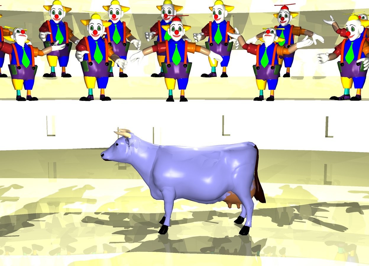 Input text: the 25% yellow arena. a cow is in the arena. 5 people are 100 inches to the left of and 10 inches above the cow. they are facing to the cow. 7 clowns are 150 inches to the left of and 30 inches above the cow. they are facing to the cow. the arena is 12% shiny. the 30% yellow light is on the cow. the cow is 35%  blue.  