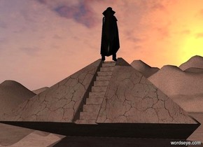 a 100 inch tall pyramid.the pyramid is 90 inch wide [dirt].the pyramid leans 10 degrees to back.ground is 120 feet tall. ground is 10000 inch wide [dirt].a 75 inch tall black dull man is -20.5 inch above the pyramid.the man is facing north.