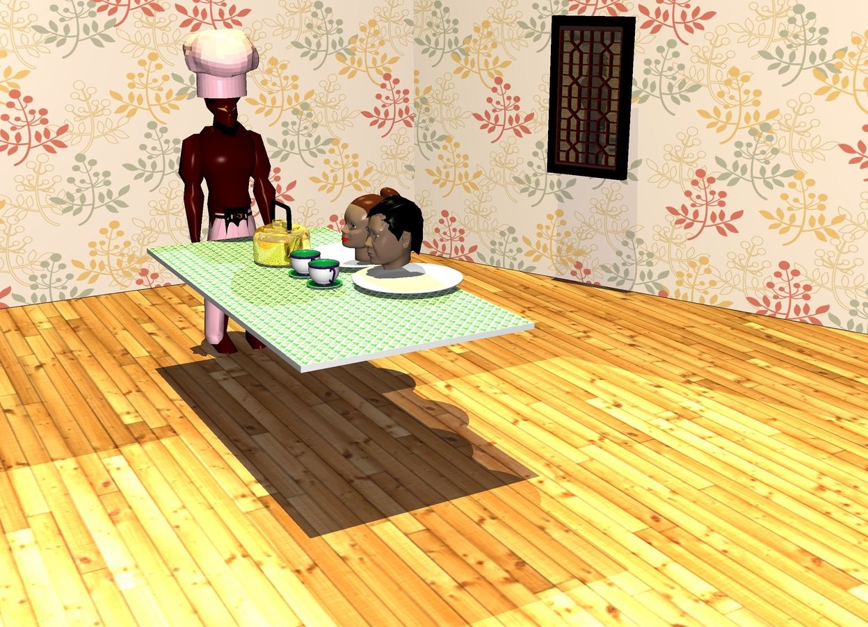 Input text: the ground is wood. a green [pattern] carpet is 2.5 feet above the ground.  2 big cups are on the carpet. a big gold pot is near the cups. a devil is near the carpet 0 feet above the ground. he is facing to the carpet. the 1st big pink clothes is -6 inches above the devil. the 2nd pink clothes is -71 inches above the devil. it is facing to the carpet. the 1st [wallpaper] wall is 5 feet behind the devil. it is facing to the carpet. the 2nd [wallpaper] wall is  5 feet next to the devil. it is facing to the carpet. 50% yellow light is 100 feet above the devil. big dishes are behind the cups.  16 inches tall heads are on the dishes. a window is 8 feet behind the devil 3 feet above the ground. it is facing to the carpet