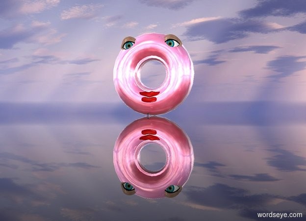 Input text: There is a very giant pink reflective donut. The donut leans 90 degrees to the front. A marble is 1 inch in front of the donut. A 1st very large eye is .8 inches behind and 4 inches to the right of the marble. The 1st eye is 2.4 feet above the ground. A 2nd very large eye is .8 inches behind and 4 inches to the left of the marble. The 2nd eye is 2.4 feet above the ground. A very large mouth is .01 inches behind the marble. The mouth is .5 feet above the ground. The ground is clear.