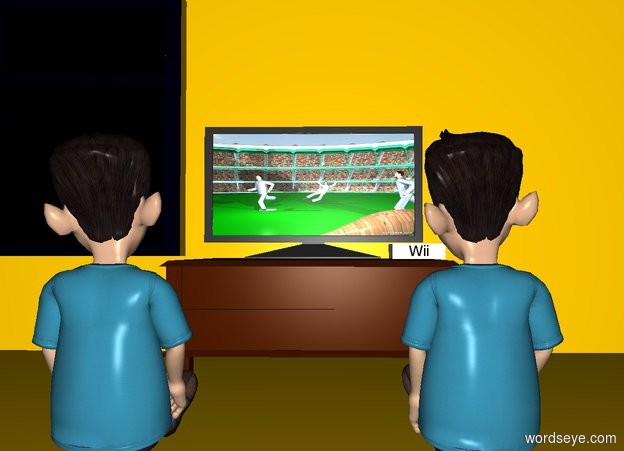 Input text: a television is on a table. the television's display screen is image-11701 . a small boy is 2 feet in front of and -1 foot to the right of the table. he faces back. a small person is 2 feet in front of and -1 foot to the left of the table. he faces back. a house is -2 foot above the table. a white .2 foot tall and .7 foot wide and .7 foot deep gray cube is above and -.7 feet to the right of the table. a .15 foot tall black "Wii" is -.175 foot above and in front of the cube.