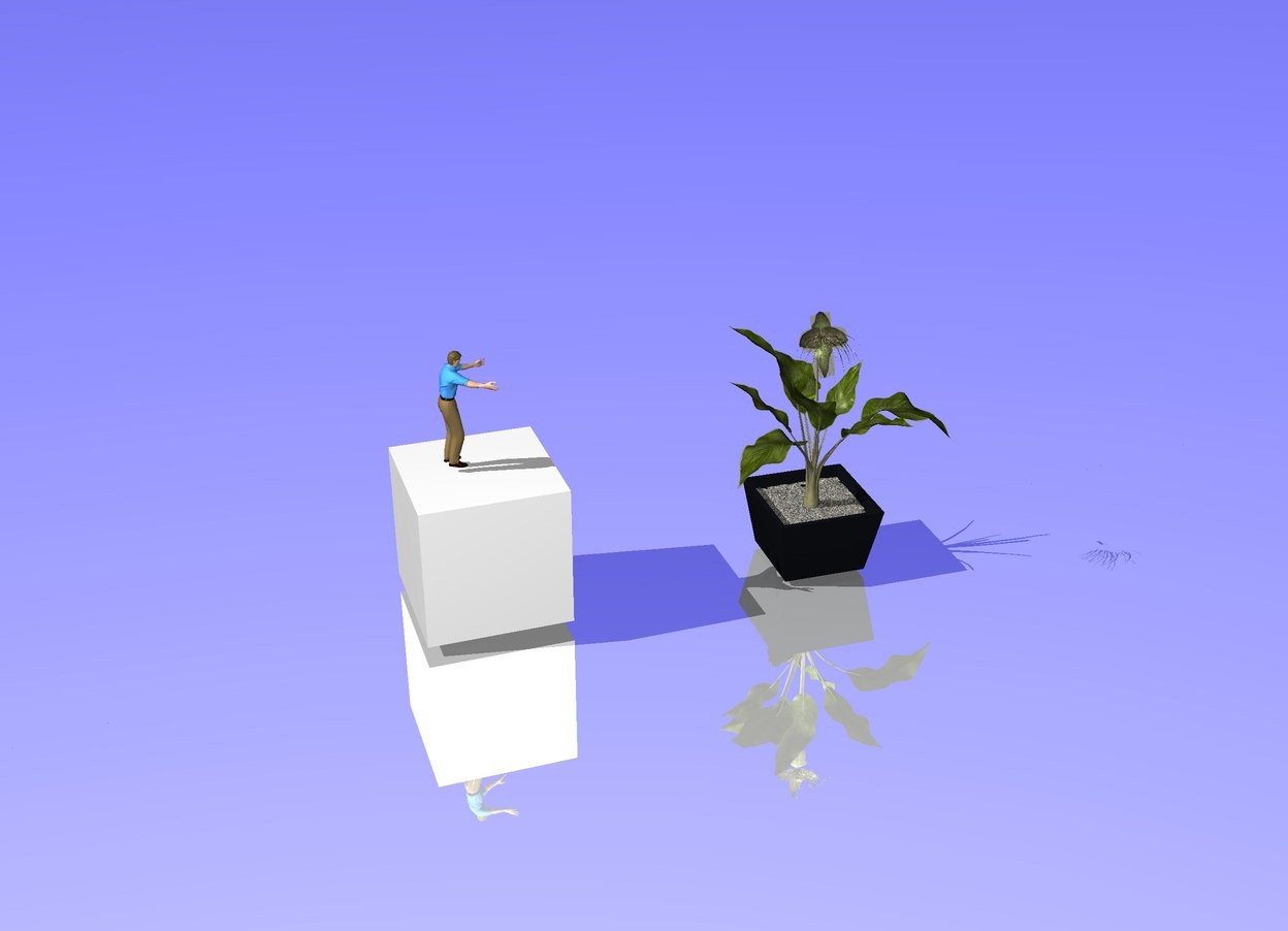 Input text: the small flower.
a very small cube is -2 feet to the flower.
the cube is -1 foot right of the flower.
the 0.2 foot tall man.
the man is on top of the cube.
the flower is facing the man.
the man is facing the flower.
the sky is blue.

the ground is shiny.