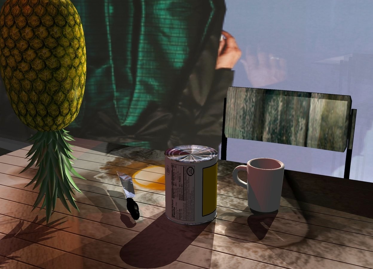 Input text: A shiny [oil] can is on a 75% dark [kitchen] table. The ground is silver. The sky is [politics]. Camera light is black. A cream light is right of the can. A large pineapple is 6 inch behind and left of the can. It is upside down. A dim red light is above and left of the pineapple. The sun is cream. A cup is in front of and right of the can. A knife is behind the can. It is facing northwest. It is leaning 90 degrees to the front. The blade of the knife is silver. The azimuth of the sun is 90 degrees. A wood chair is right of and -3.4 feet above the table. It is facing the table. A long clear wall is 8 inch right of the chair. It is facing the pineapple. It is leaning 1 degrees to the right.