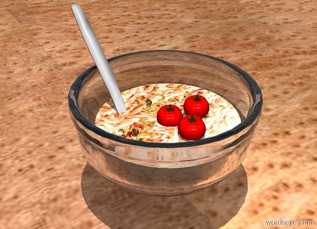 Input text: a clear white bowl.a pond fits in the bowl.the pond is 1 inches tall.the pond is [food].it is noon.a spoon is -3 inches right of the bowl.the spoon is leaning 45 degrees to the north.the spoon is -4.2 inches in front of the bowl.a 1st tiny tomato is -1.6 inches above the bowl.a 2nd tiny tomato is behind the 1st tomato.a 3rd tiny tomato is left of the 1st tomato.a 1st pasta is right of the 1st tomato.a 2nd pasta is in front of the 1st tomato.the ground is wood.