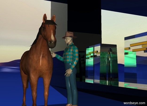 Input text: a clear gas station. a small horse is -15 feet in front of the gas station. it faces the right. ground is [night]. a small man is behind the horse. sun is linen.