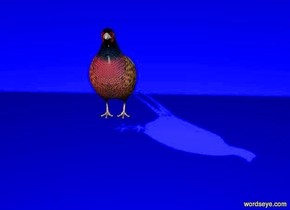 a shiny cleaver is 3 feet wide and 2 feet deep. a 1 inch tall bird is -.5 foot above the cleaver. ground is blue. a extremely tiny maroon light is 1 foot left of and above the bird.