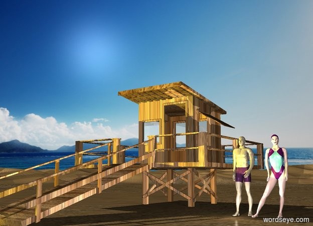 Input text: the beach backdrop. the ground  is 20 feet tall.

the swimmer is two feet right of  the wooden lifeguard station.

the white light is in front of the swimmer. the woman is right of the swimmer. the yellow light is in front of the lifeguard station.
