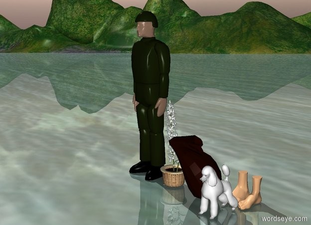 Input text: A young man stands on the edge of a cliff. He is gazing upwards toward the sky. He holds a knapsack and a white flower. At his feet is a small white dog. 