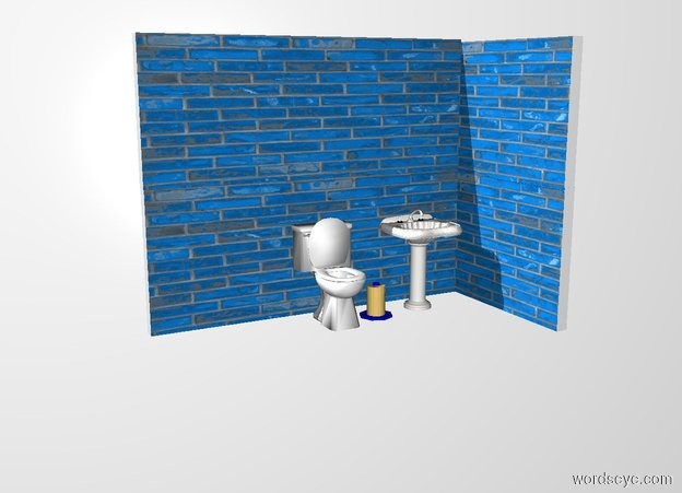 Input text: THE WHITE BACKDROP. the 1st small pond blue [tiled] wall is behind the toilet. 

the 3rd small pond blue [tiled] wall is east of the 1st wall. the 3rd wall is facing west. the 4th pond blue small [tiled] wall is on the 1st wall. 
the 5th pond blue small [tiled] wall is 1 inch in the 3rd wall. the 5th wall is facing west.

. the sink is 1 foot east of the toilet. 
the roll is east of the toilet. 