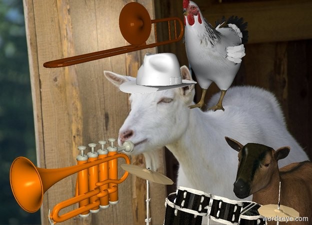 Input text: The  [fun] backdrop. The trumpet. The hat is .4 foot above and -2 inches behind the trumpet. The chicken is behind and -10 inches above the hat. The goat is 1.5 foot to the right of the trumpet. It is 1.2 feet tall. The very tiny musical instrument is in front and -7 inches above the goat.it is facing back. The small trombone is in front and -10 inches above the chicken. It is leaning 8 degrees to the front. 