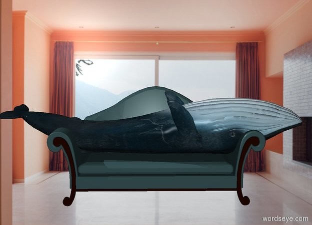 Input text: A room backdrop. A big sofa. A tiny whale is on the sofa. It faces right. It is upside down.